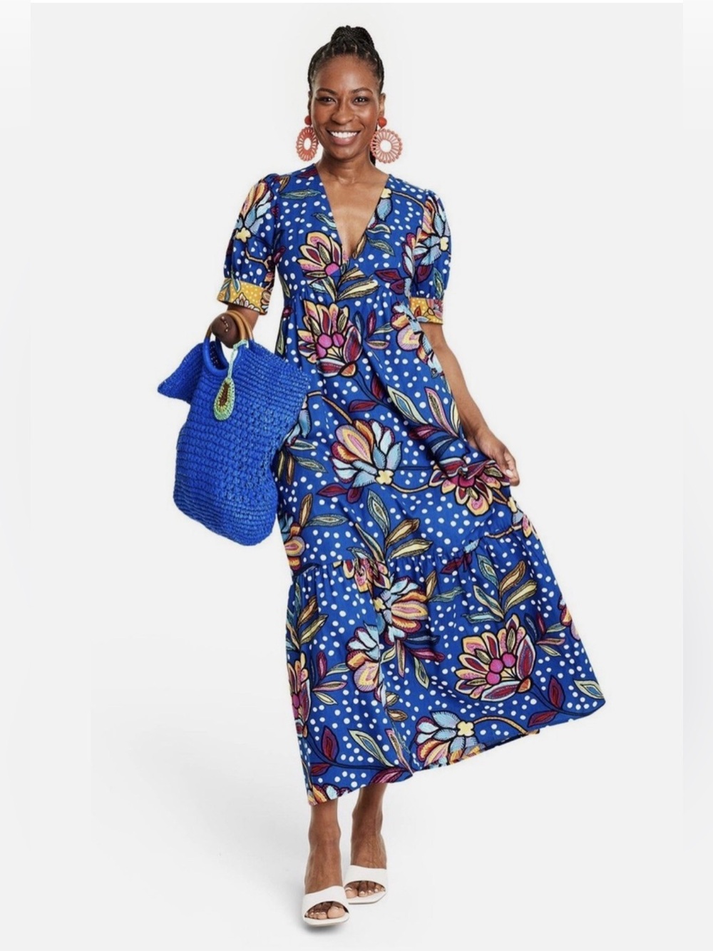 Blue Floral V-Neck Tiered Maxi Dress
